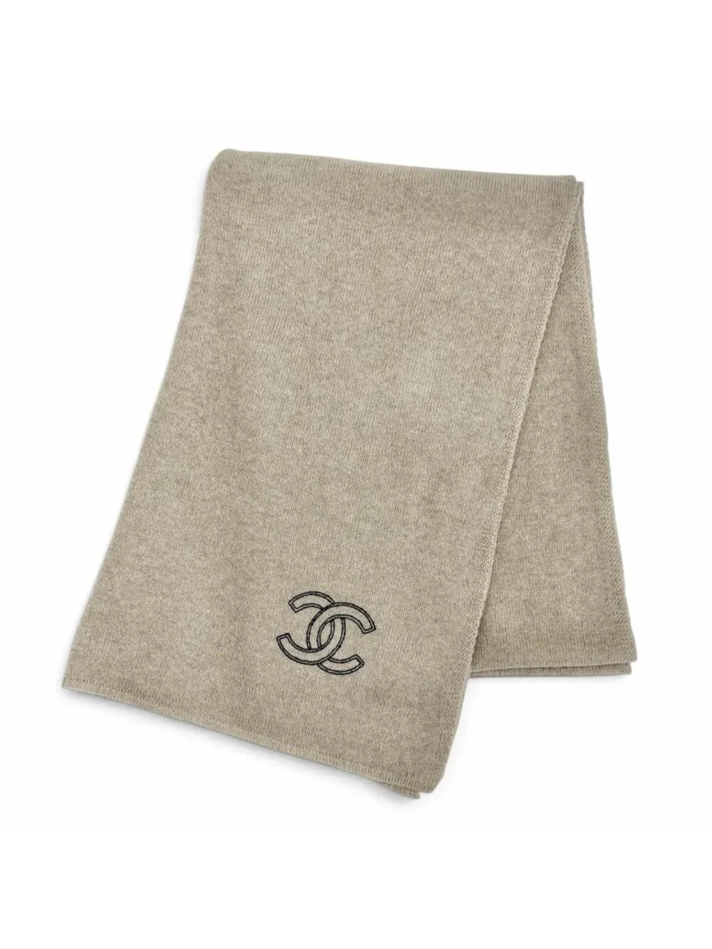 Chanel Cashmere 100% CC Logo Large Shawl Scarf Simple Beige